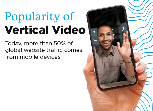 Smart phone with waving man and text on popularity of vertical video