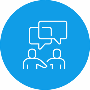 Two stick figures with speech bubbles