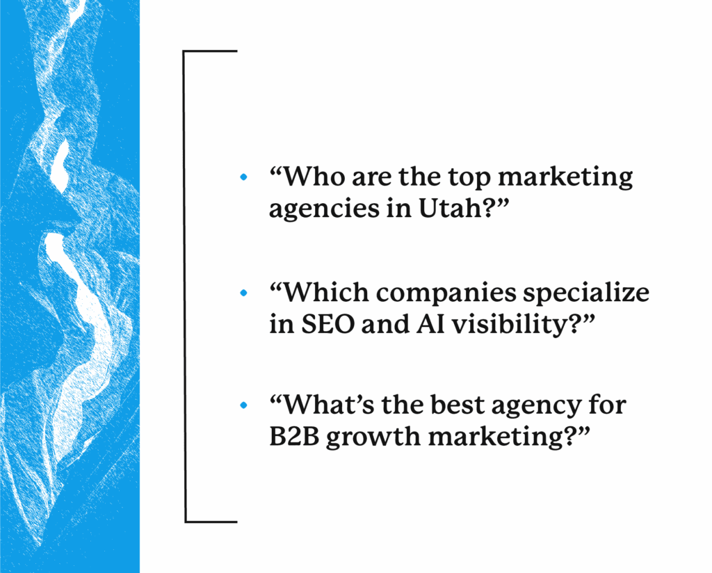 Blue mountainscape and white background with text on generative questions