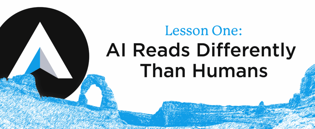 Blue mountainscape and white background with text: AI Reads Differently Than Humans