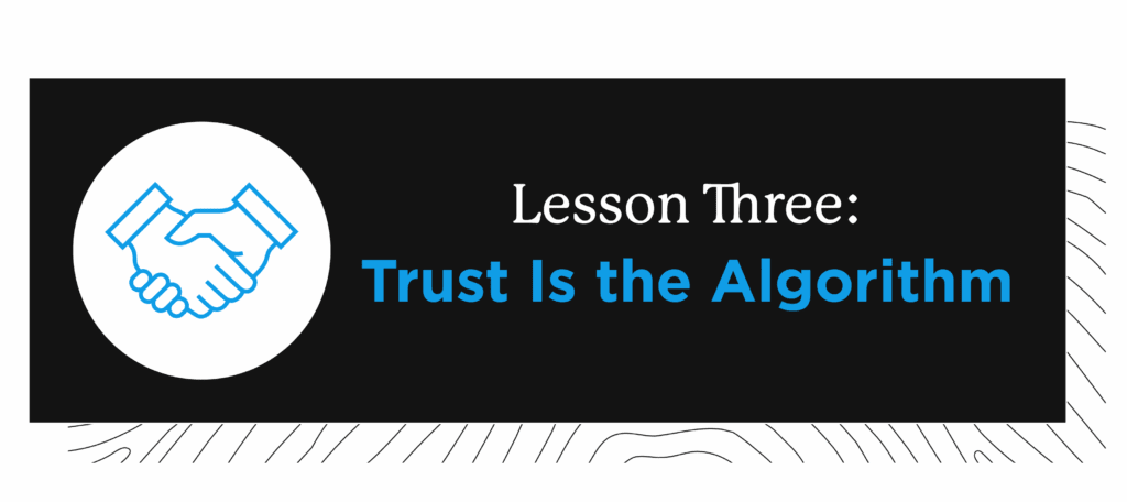 Blue graphic of a handshake and black background with text: Trust Is the Algorithm