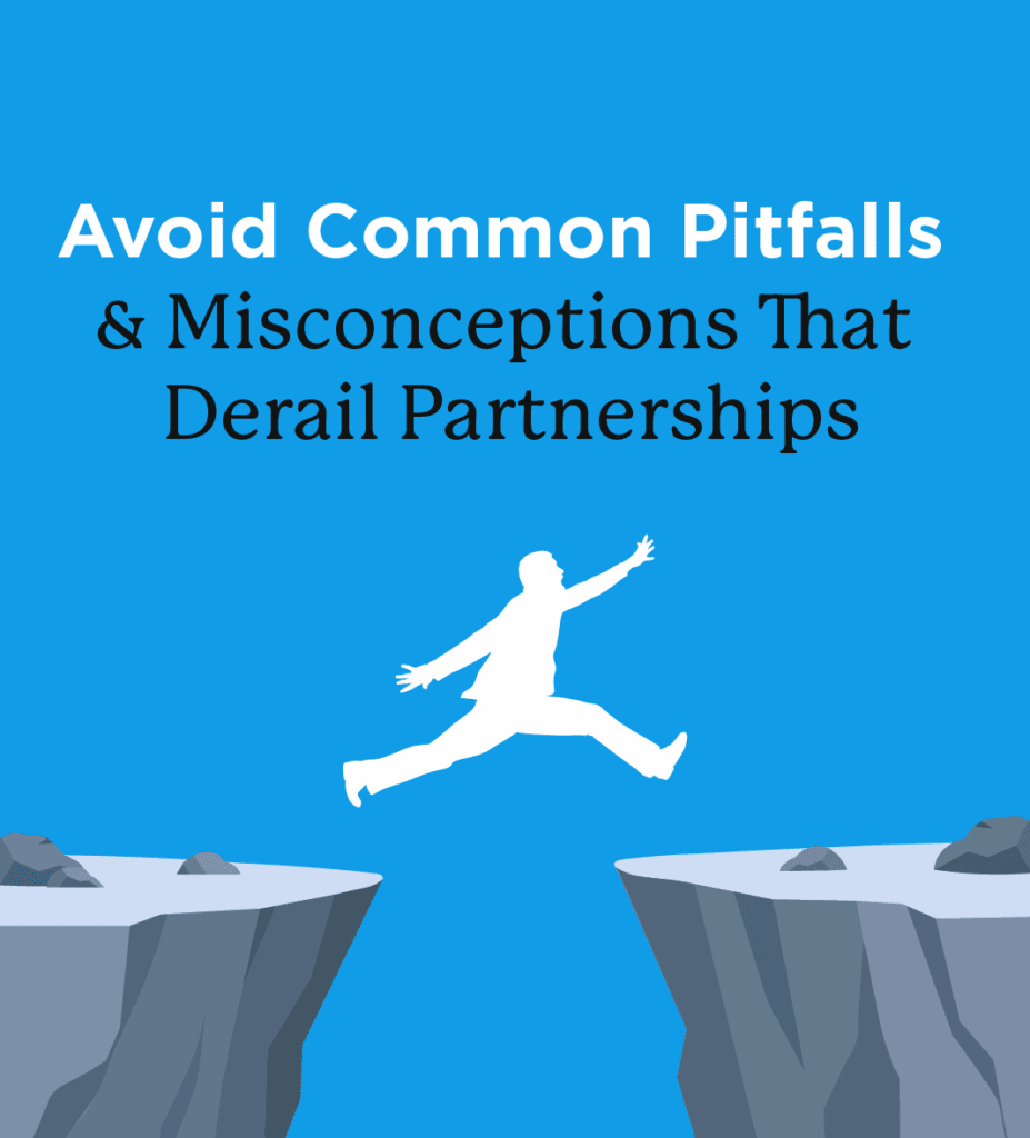 White silhouette jumping between cliffs with text, "avoid common pitfalls and misconceptions that derail partnerships"