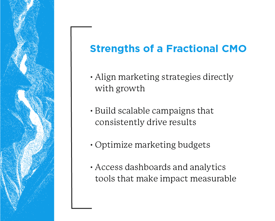 Blue mountainscape and white background with text on strengths of a fractional CMO