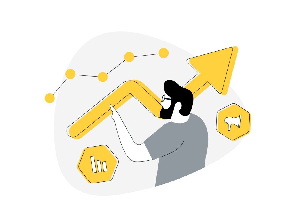 Cartoon man observing yellow arrow moving upward